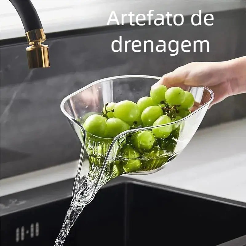 Tigela Filtrante Transparente - Separação Seco/Úmido, Portátil para Limpeza de Frutas AgoraFacilita