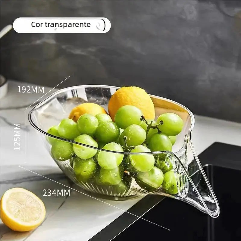 Tigela Filtrante Transparente - Separação Seco/Úmido, Portátil para Limpeza de Frutas AgoraFacilita